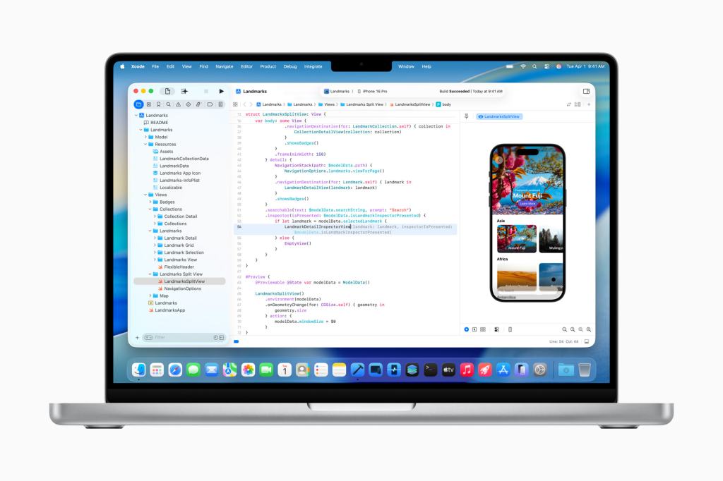 A screenshot of Xcode 26 on a MacBook, displaying coding features and a preview of an app interface showcasing a collection of images.