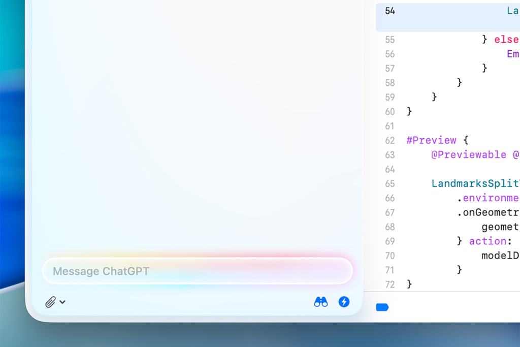 ChatGPT와 상호작용을 위한 메시지 입력창과 코드 미리보기가 표시된 Xcode 인터페이스의 화면 캡처.