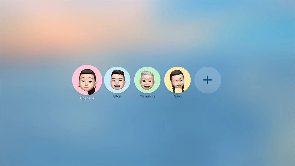 Apple TV 사용자 프로필 화면, 네 개의 아바타 아이콘과 추가 아이콘이 배경에 흐릿하게 보이는 디자인.