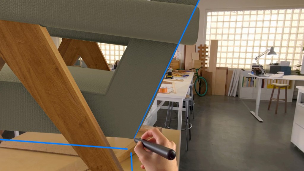 사용자가 공간에서 작업 중인 모습과 AR 스타일의 가구 디자인이 표시된 이미지로, 왼쪽에는 의자 다리의 곡선이 강조되고, 오른쪽에는 작업 환경이 보인다.