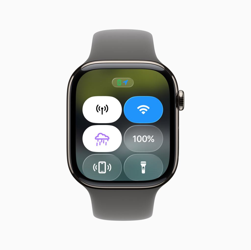 Apple Watch의 새로운 제어 센터 인터페이스를 보여주는 이미지로, Wi-Fi, 배터리 잔량, 그리고 다양한 설정 아이콘이 포함되어 있다.
