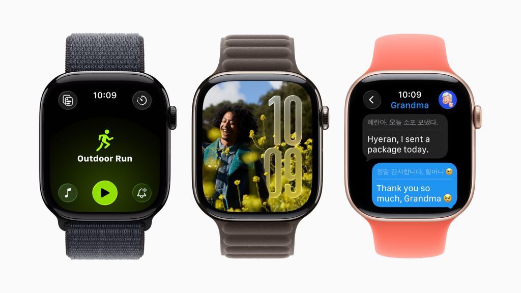 Apple Watch 화면에서 'Outdoor Run' 운동 모드와 관련 이미지, 그리고 메시지 대화 창이 표시된 모습.