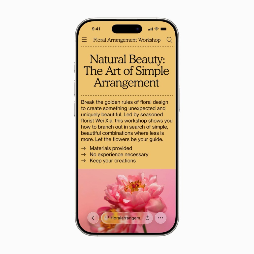 iPhone 화면에 표시된 꽃꽂이 워크숍에 대한 정보로, 제목과 내용을 포함하여 세부 사항이 크게 정리되어 있는 모습.