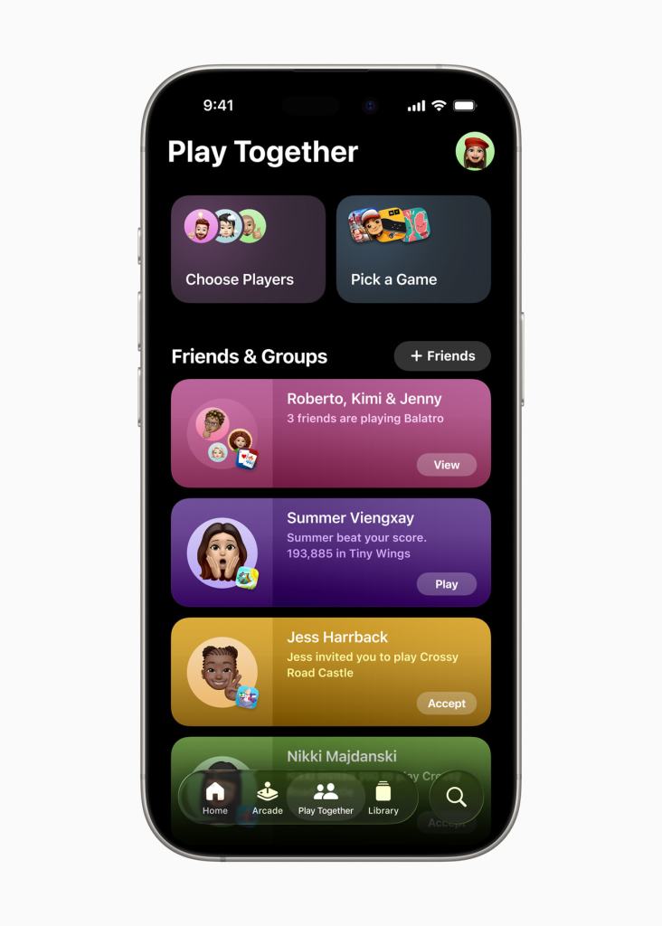 An iPhone screen displaying the 'Play Together' feature within a gaming app, showcasing options to choose players and pick a game, along with a list of friends and groups playing various games.