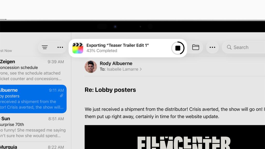 iPad 화면에서 'Teaser Trailer Edit 1'의 내보내기 진행 상황을 보여주는 UI. 43%가 완료됨.