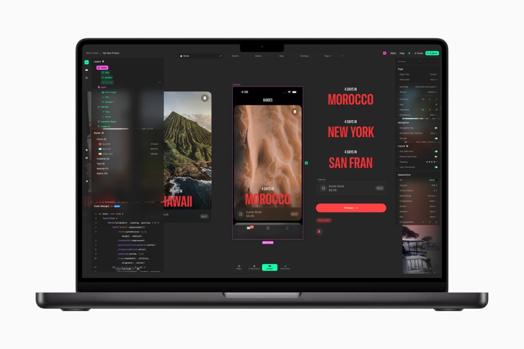 Apple, 2025 Apple 디자인 어워드 수상작 공개 5 디자인 소프트웨어에서 다양한 여행 가이드를 보여주는 화면, '모로코', '뉴욕', '샌프란시스코' 등의 텍스트가 포함된 인터페이스.