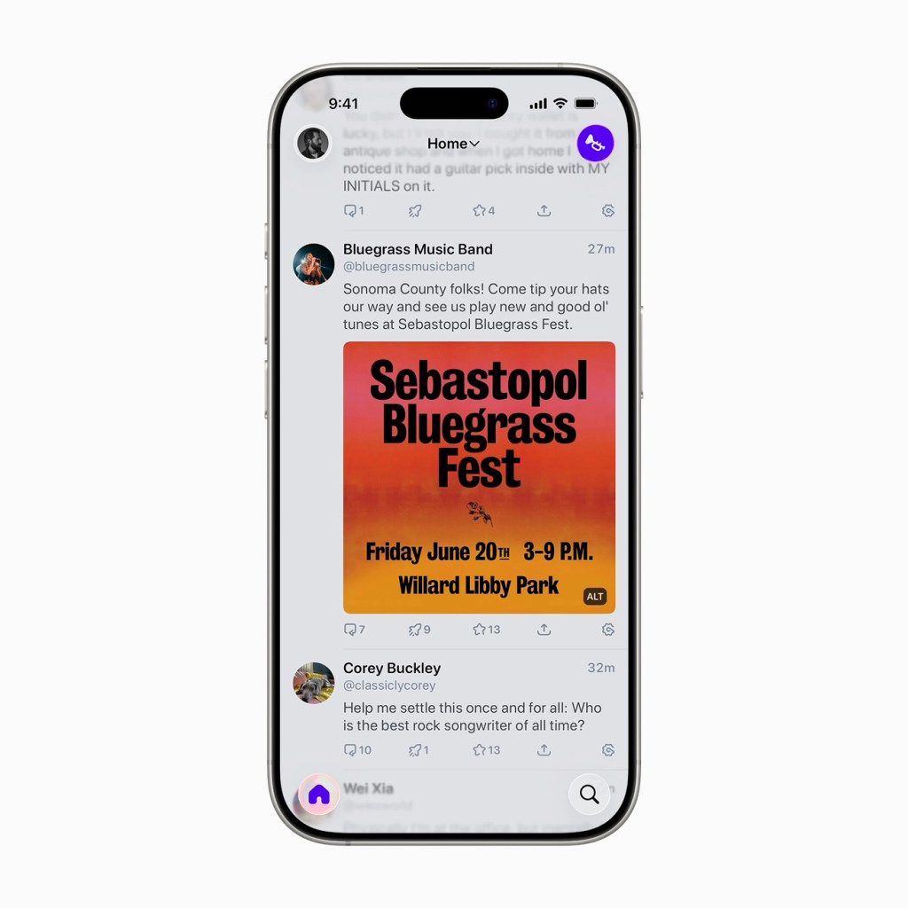 A smartphone displaying a social media feed featuring a colorful event poster for the 'Sebastopol Bluegrass Fest' along with user comments and interactions.