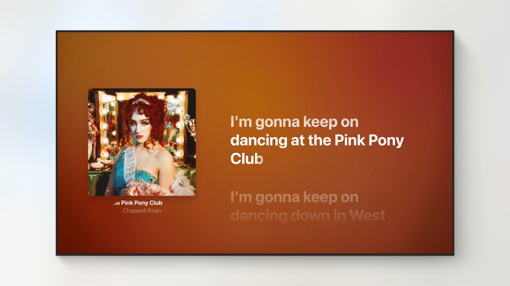 Apple TV 화면에 'Pink Pony Club'이라는 노래 제목과 아티스트 이름이 표시된 이미지로, 노래 가사가 배경과 함께 나타나고 있다.