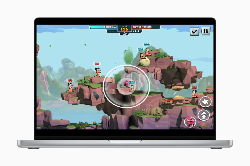 Worms Across Worlds 게임 화면, 다양한 목표와 전투 중인 웜들이 보이는 장면.