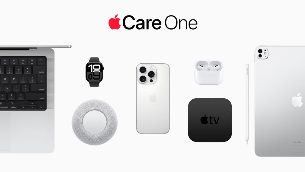 AppleCare One 서비스 번들을 보여주는 이미지로, MacBook, Apple Watch, iPhone, AirPods, HomePod, Apple TV, iPad 및 Apple Pencil이 함께 배치되어 있습니다.