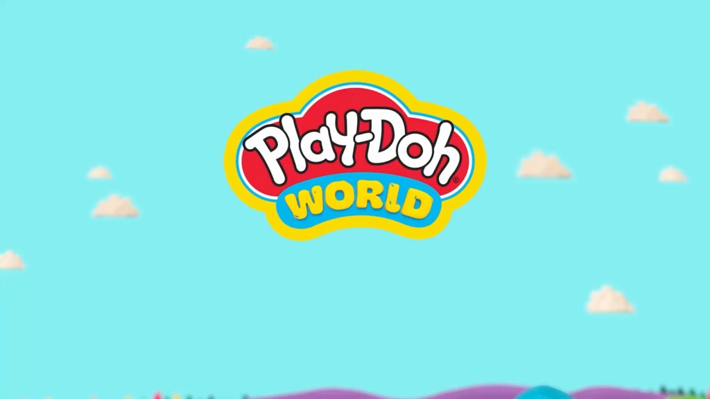 Play-Doh World 로고와 파란 하늘 배경, 구름이 떠 있는 장면.