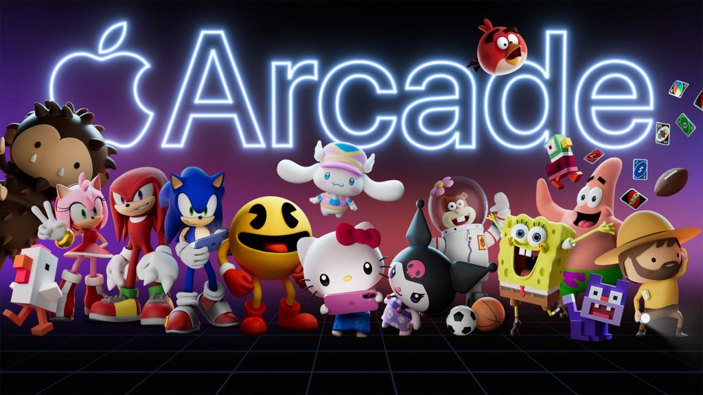 다양한 캐릭터들이 모여 있는 Apple Arcade 로고 앞의 장면
