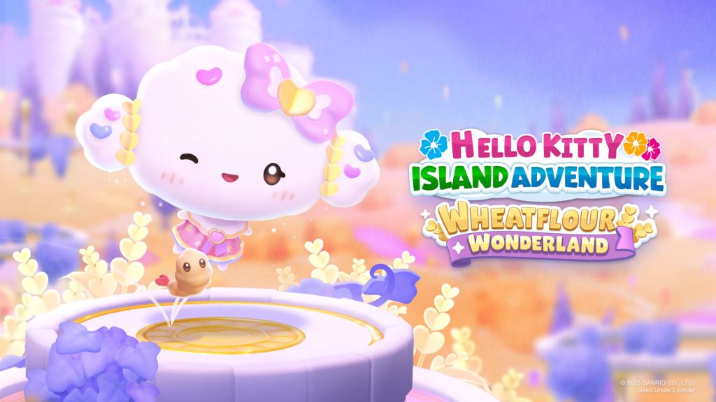 헬로 키티 아일랜드 어드벤처의 캐릭터가 웃고 있는 모습과 'Wheatflour Wonderland'라는 제목이 보이는 환상적인 배경