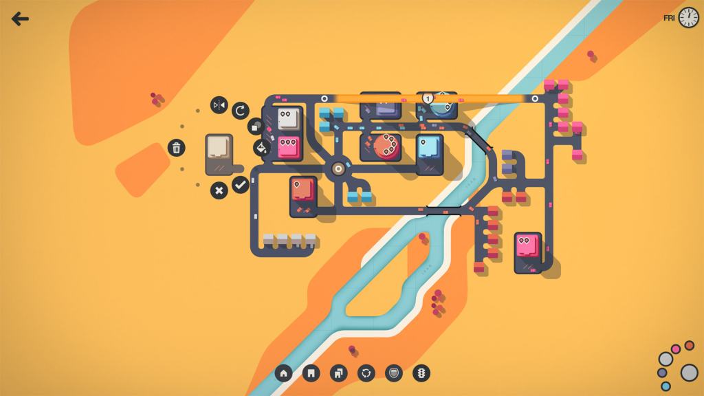 다양한 색상의 도시 계획 및 교통 시스템이 시각화된 게임 인터페이스.