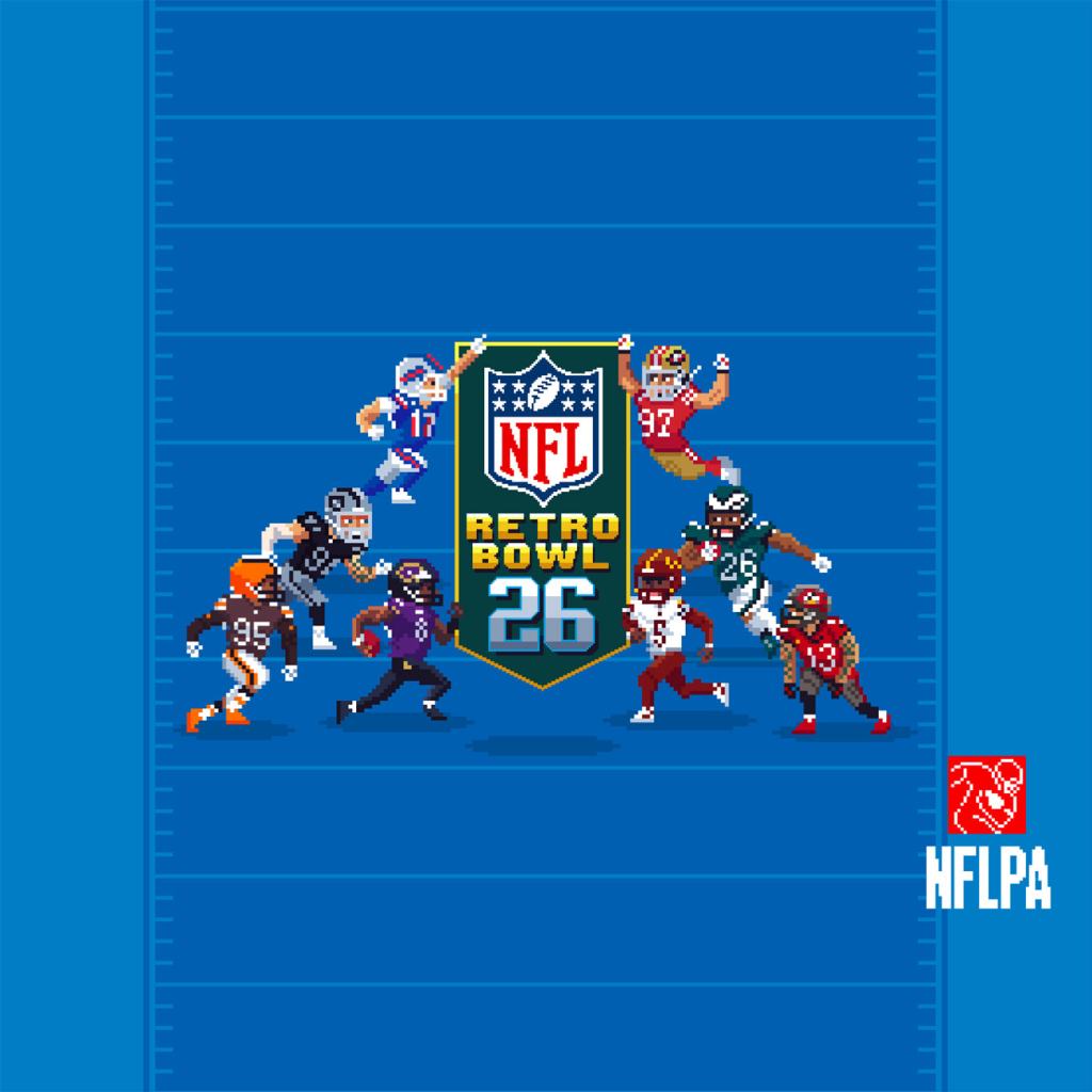 NFL Retro Bowl '26 게임의 로고와 패턴화된 선수들이 그려진 푸른 배경 이미지.