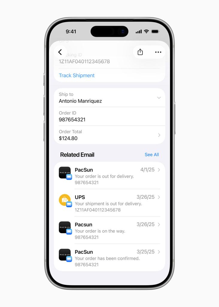 iPhone 화면에 배송 추적 정보와 관련된 이메일 목록이 표시된 모습.