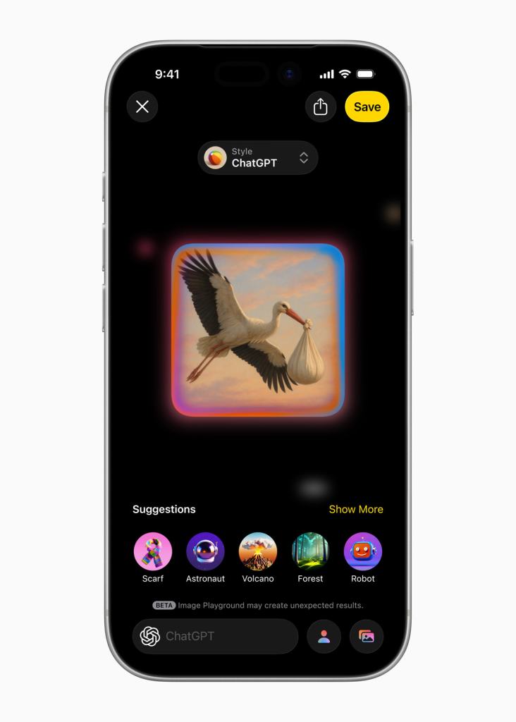 iPhone 화면에서 ChatGPT 스타일 옵션을 사용하여 이미지를 생성하는 인터페이스. 화면에 황새가 배경과 함께 표시되며, 이미지 저장 버튼과 스타일 선택이 가능한 설정이 보인다.