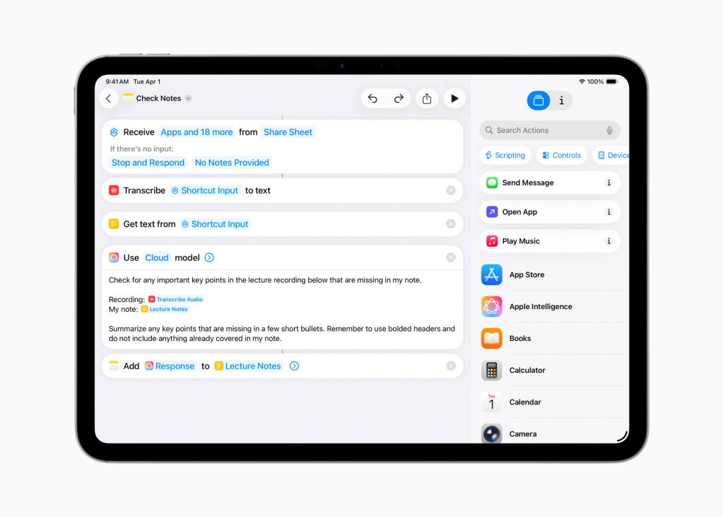 iPad 화면에 Apple Intelligence 단축어 앱 인터페이스가 표시되고 있는 이미지.