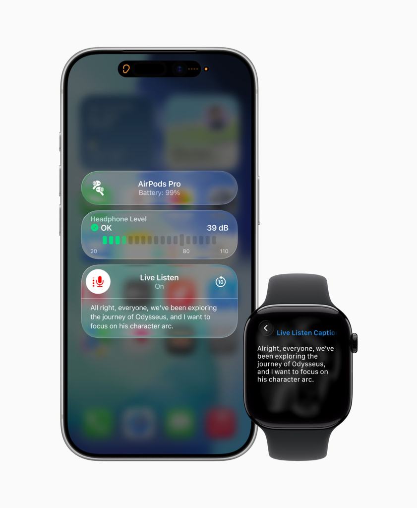 iPhone 화면에서 AirPods Pro 배터리 상태와 실시간 듣기 기능이 표시된 모습, Apple Watch에는 Live Listen Caption 기능이 활성화되어 있는 모습.