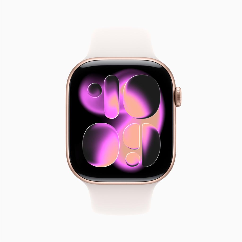 Apple Watch의 화면에 다양한 색상의 패턴이 표시되어 있는 이미지.