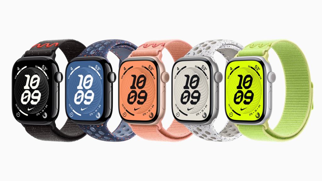 다양한 색상의 Apple Watch Series 11과 나이키 음영 시계 페이스가 있는 이미지입니다.