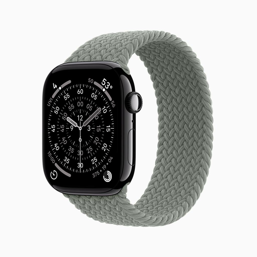 Apple Watch Series 11 with a black display and a braided green band showing the time and the innovative watch face design.