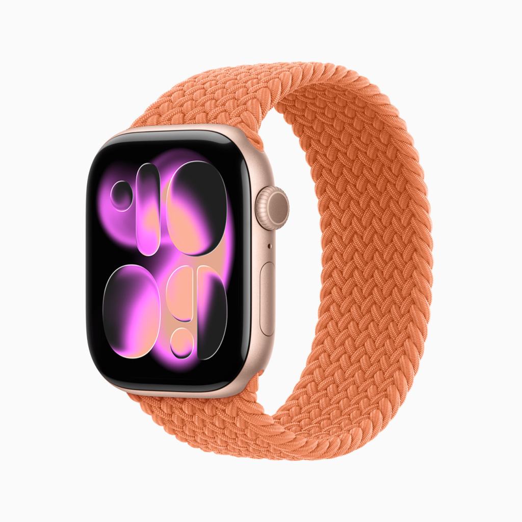 Apple Watch Series 11의 측면 이미지로, 오렌지색의 브레이드 밴드와 특유의 애플 UI가 보인다.