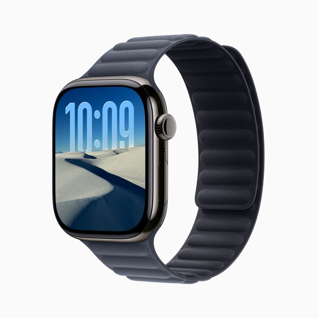 Apple Watch Series 11, featuring a sleek design, displaying a watch face with the time set to 10:09 and a scenic mountain background.