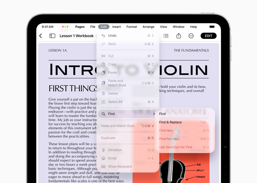 iPad에서 열린 문서 편집 화면, 텍스트 편집 옵션과 메뉴가 표시되어 있다.