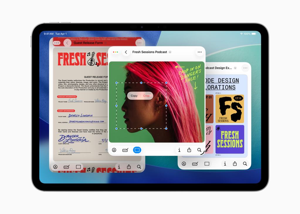 iPad 화면에 여러 앱이 열려 있는 모습, 왼쪽에는 문서 스캔 이미지와 상단에는 팟캐스트 에피소드 디자인이 보인다.