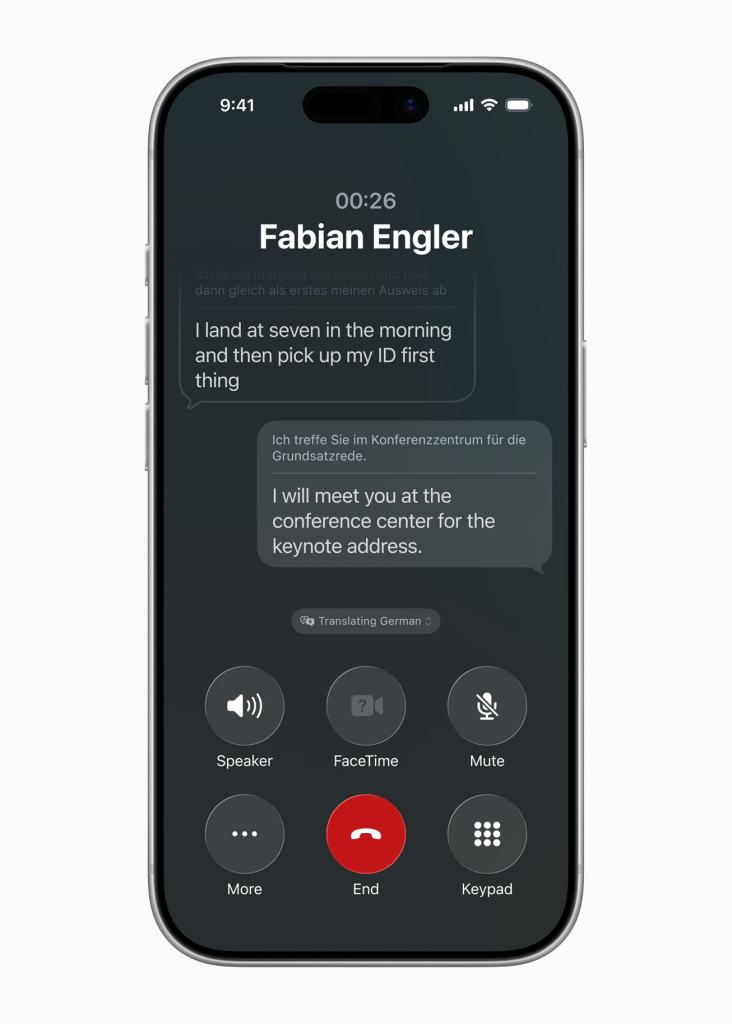 A close-up of an iPhone screen displaying a conversation in a messaging app with translated messages in different languages, including German and English.