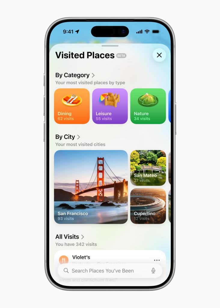 iPhone 화면에 '방문한 장소' 기능이 표시되고, 사용자 방문 내역이 카테고리별로 정리되어 있으며, 샌프란시스코의 유명한 금문교 이미지가 포함된 화면.