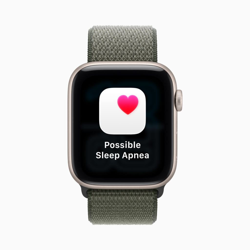 Apple, Apple Watch SE 3 발표 7 애플 워치 SE 3의 화면에 'Possible Sleep Apnea'라는 앱 아이콘이 표시되어 있다.