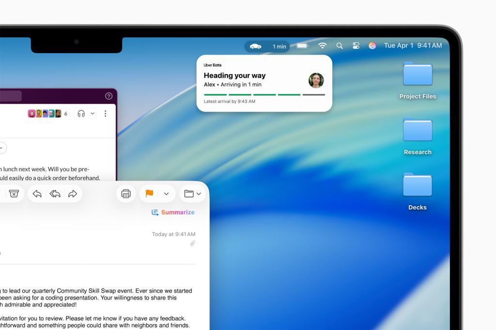 iPadOS 26의 새로운 기능을 보여주는 화면으로, 이메일 작성 중 사용자 인터페이스와 알림이 표시되어 있다.