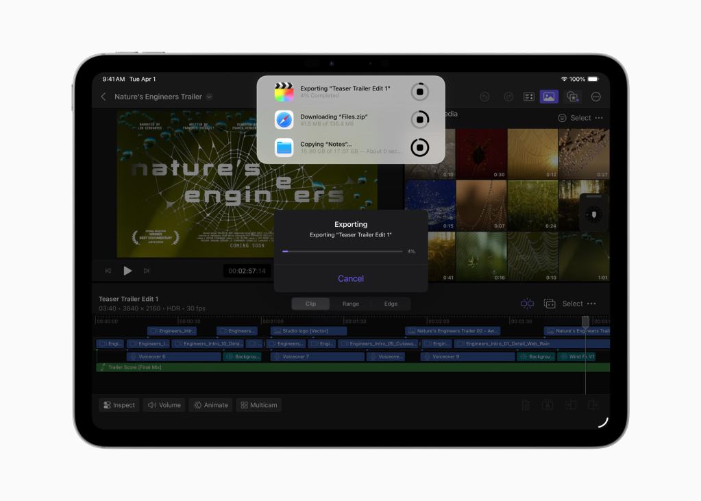 iPad에서 비디오 편집 소프트웨어의 화면, 'Nature's Engineers' 트레일러 편집 작업 중인 모습. 다운로드 및 내보내기 진행 중인 다양한 파일 옵션이 표시됨.