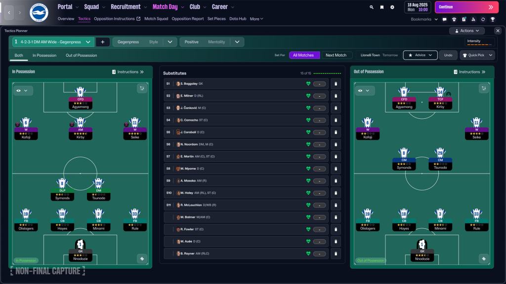 전술 플래너 화면을 보여주는 Football Manager 26 Touch의 스크린샷으로, 포메이션과 선수 명단, 지침이 나열되어 있다.