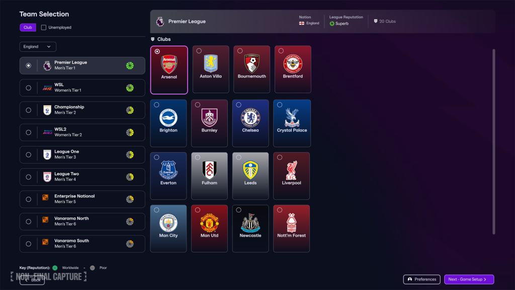 Football Manager 26 Touch의 팀 선택 화면, 다양한 축구 리그와 클럽 로고를 보여줌.