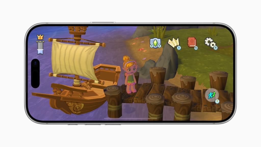 MySims 게임의 화면으로, 플레이어가 작은 배가 있는 나무 보트 다리 위에 서 있는 캐릭터를 보여준다. 게임 인터페이스에는 지도와 아이콘이 표시되어 있다.
