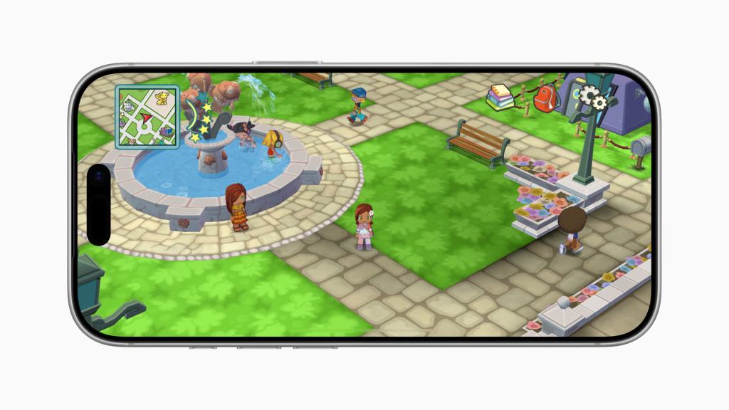 MySims 게임 플레이 화면, 분수대와 꽃 가게가 있는 공원이 배경으로 여러 캐릭터들이 활동 중인 모습.