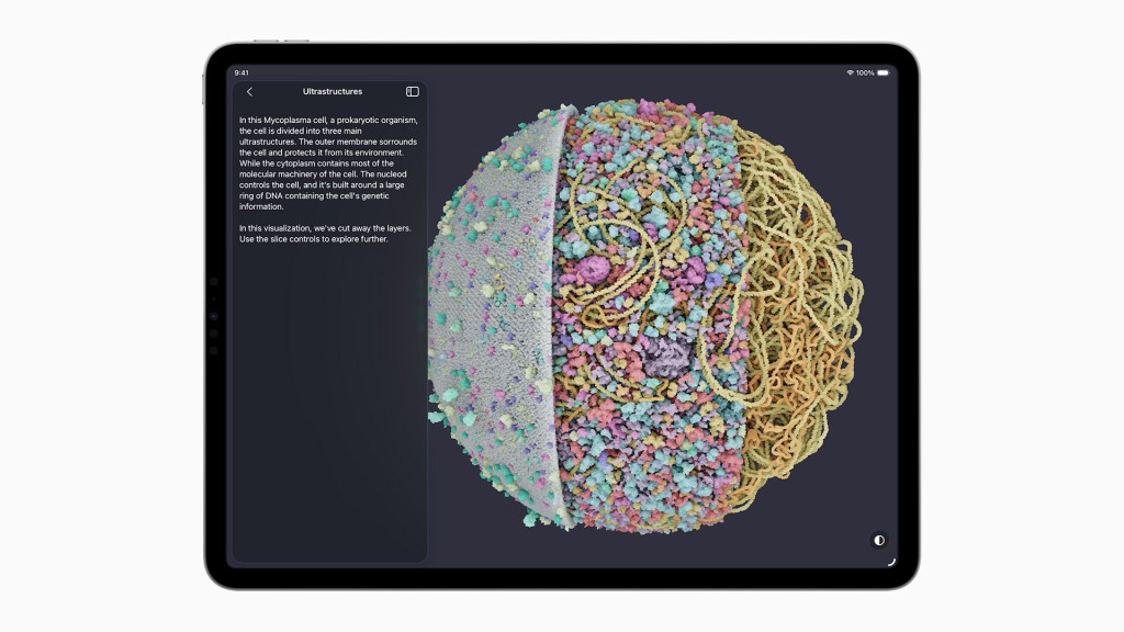 Apple의 파운데이션 모델 프레임워크, 새로운 지능형 앱 경험 제공 8 A high-resolution visualization of a Mycoplasma cell, showcasing its three main ultrastructures with colorful representations of molecular components, displayed on a tablet interface.