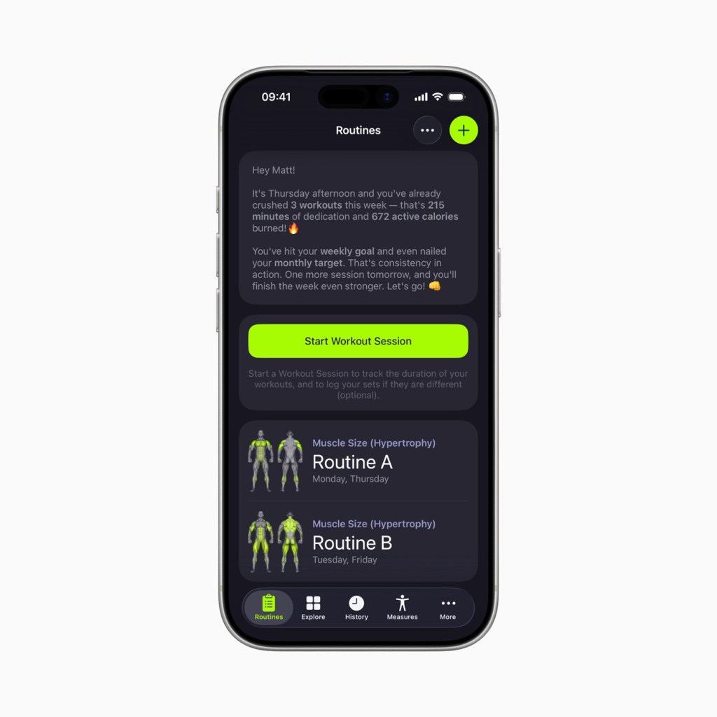 Apple의 파운데이션 모델 프레임워크, 새로운 지능형 앱 경험 제공 4 SmartGym 앱의 인터페이스가 보여지며, 사용자의 운동 세션을 시작할 수 있는 버튼과 운동 루틴 정보가 포함되어 있다.