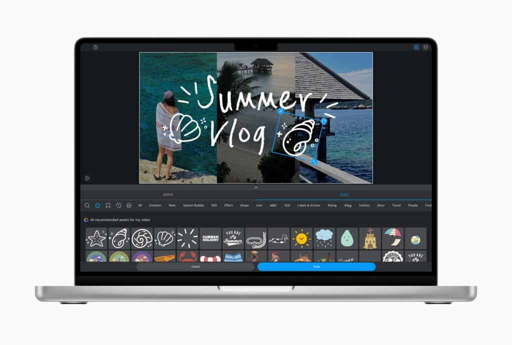 Apple의 파운데이션 모델 프레임워크, 새로운 지능형 앱 경험 제공 12 VLLO 앱의 사용자 인터페이스에서 보이는 영상 편집 화면, 여름 브이로그를 위한 다양한 스티커와 효과가 전시되어 있음.