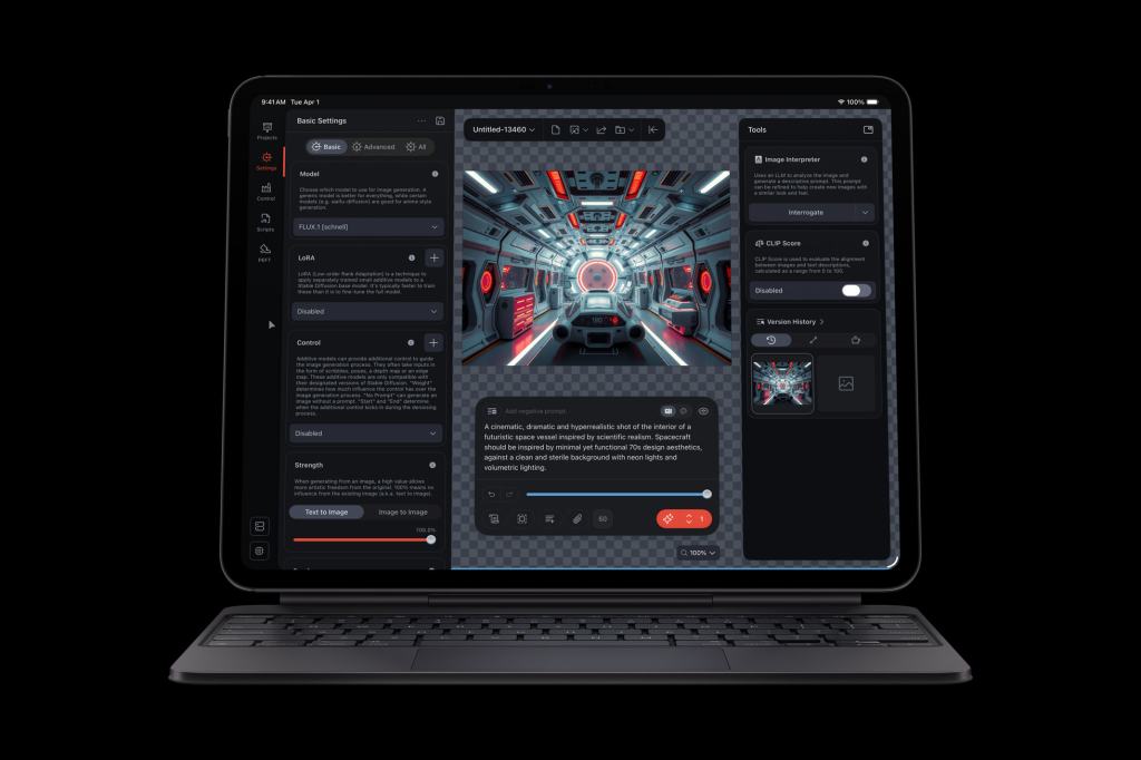 A digital interface showcasing an application running on an iPad, featuring a futuristic spacecraft interior design with red and gray elements.