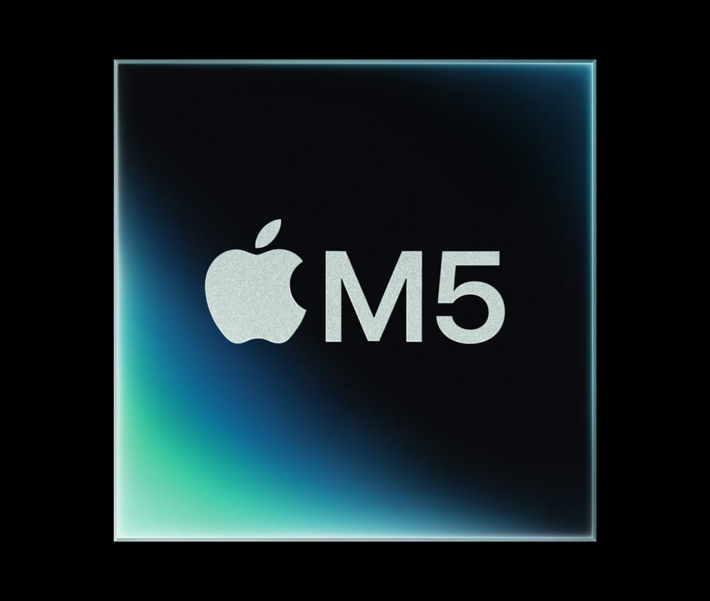 Apple M5 칩 로고가 배경에 배치된 이미지