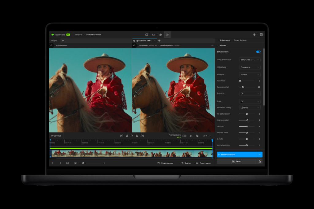 MacBook Pro 14에서 비디오 편집 소프트웨어를 사용하는 화면, 영상의 원본과 향상된 버전이 나란히 표시되어 있음.
