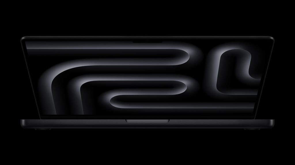 새로운 MacBook Pro 14의 뒷면 디자인과 매력적인 디스플레이 형태를 보여주는 이미지