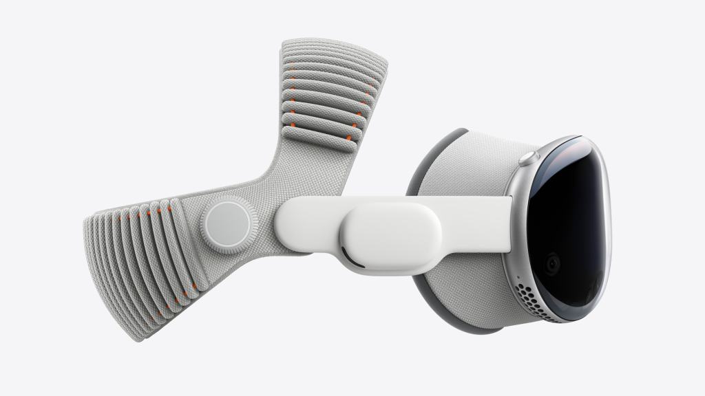 Apple Vision Pro의 듀얼 니트 밴드와 헤드셋을 측면에서 보여주는 이미지.