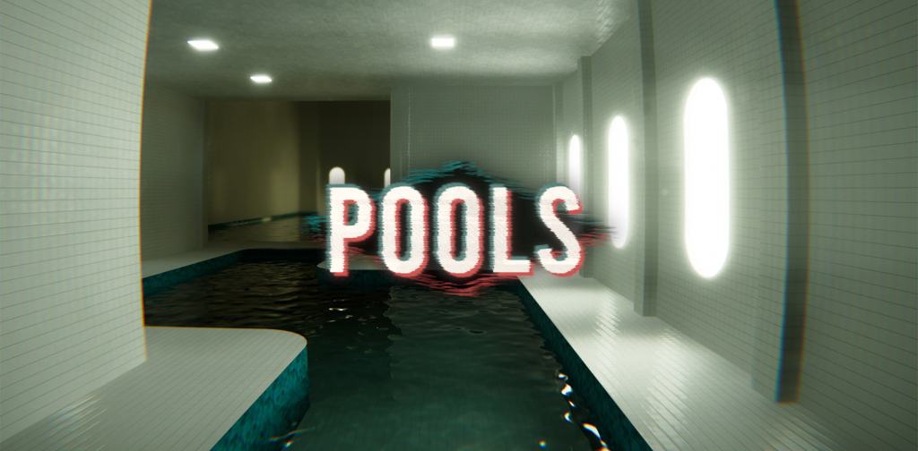A digital art scene featuring the word 'POOLS' in a water setting with reflections, surrounded by a tiled environment.