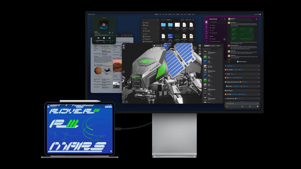 Apple, M5 칩을 탑재한 혁신적인 iPad Pro 발표 11 새로운 iPad Pro가 외장 모니터와 연결되어 작업 중인 모습, 전면에는 아이패드의 그래픽 작업 화면과 여러 앱이 열려 있다.