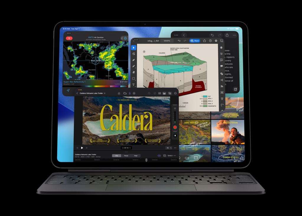 Apple, M5 칩을 탑재한 혁신적인 iPad Pro 발표 2 M5 칩을 탑재한 iPad Pro 화면에 다양한 애플리케이션이 열려 있는 모습. 왼쪽 상단에는 날씨 정보, 오른쪽에 그래픽 편집, 중앙 하단에는 비디오가 재생되고 있으며, 다른 미디어 목록이 오른쪽에 나타나 있다.